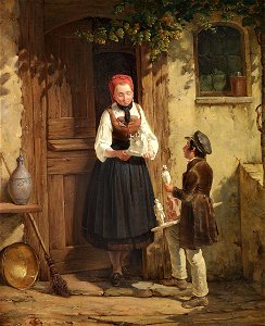 August Plum - En lille dreng falbyder gipsfigurer til en ung pige ved en køkkendør. Free illustration for personal and commercial use.