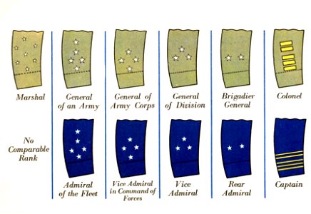 Pocket Guide of Uniform Insignia 1943 15 FRANCE ARMY Sleeve cuff stars stripes NAVY Sleeve cuff stripes rank insignia United Nations rank insignia (Prepared by United States Army) Author uncredited No known copyright Archive.org