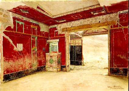 Pompeian red interior watercolor by Luigi Bazzani