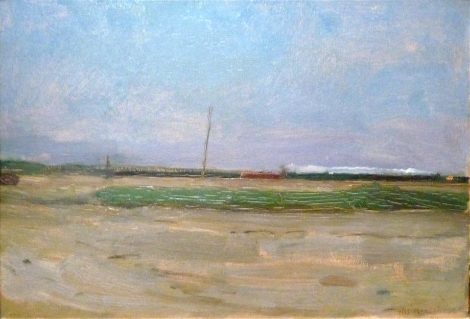 Polder Landscape with a Train and a Small Windmill on the Horizon