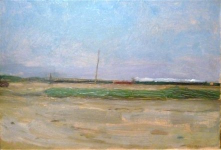 Polder Landscape with a Train and a Small Windmill on the Horizon
