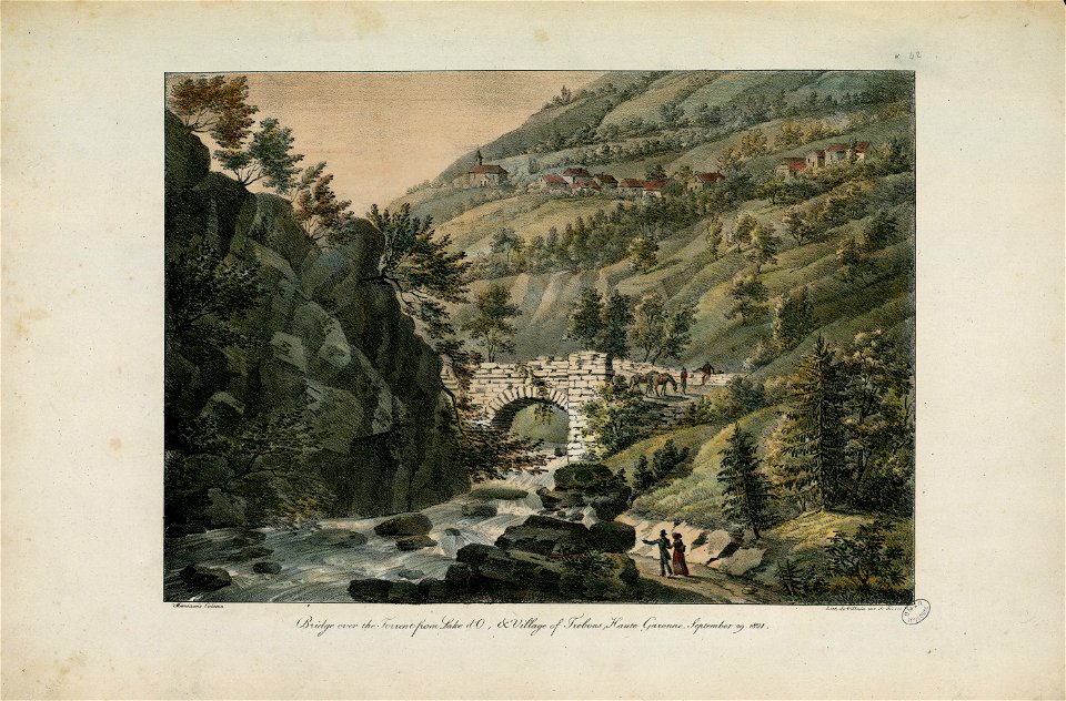 Pont sur le torrent du lac d'Oô, et village de Trebons, Haute-Garonne. 29 septembre 1821 Bridge over the Torrent from Lake d'O, and Village of Trebons, Haute Garonne. September 29 1821 - Fonds Ancely - B315556101 A COLSTON 019