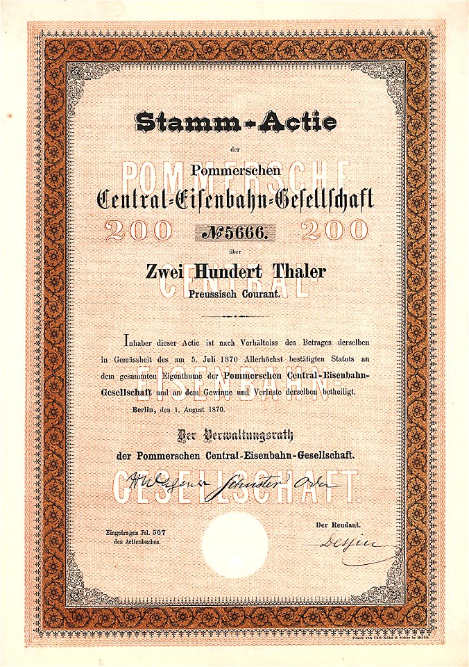 Pommersche Central-Eisenbahn-Gesellschaft 200 Th 1870