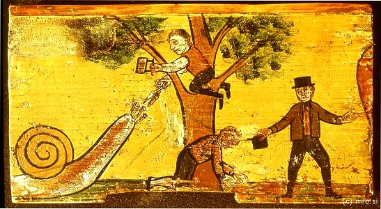 Polž preganja krojače (panjska končnica, 1875)