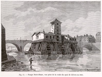 Pompe Notre-Dame, vue prise de la voûte du quai de Gêvres en 1861