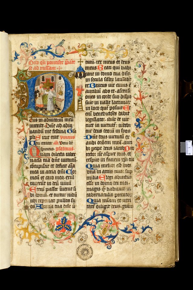 Pontificale Sinte Marie-UBU Hs. 400-f.001r-Bisschop bereidt zich voor op de mis door zijn handen te wassen