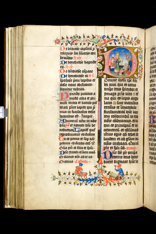 Pontificale Sinte Marie-UBU Hs. 400-f.063v-Wijding van de eerste steen van een kerk door een bisschop
