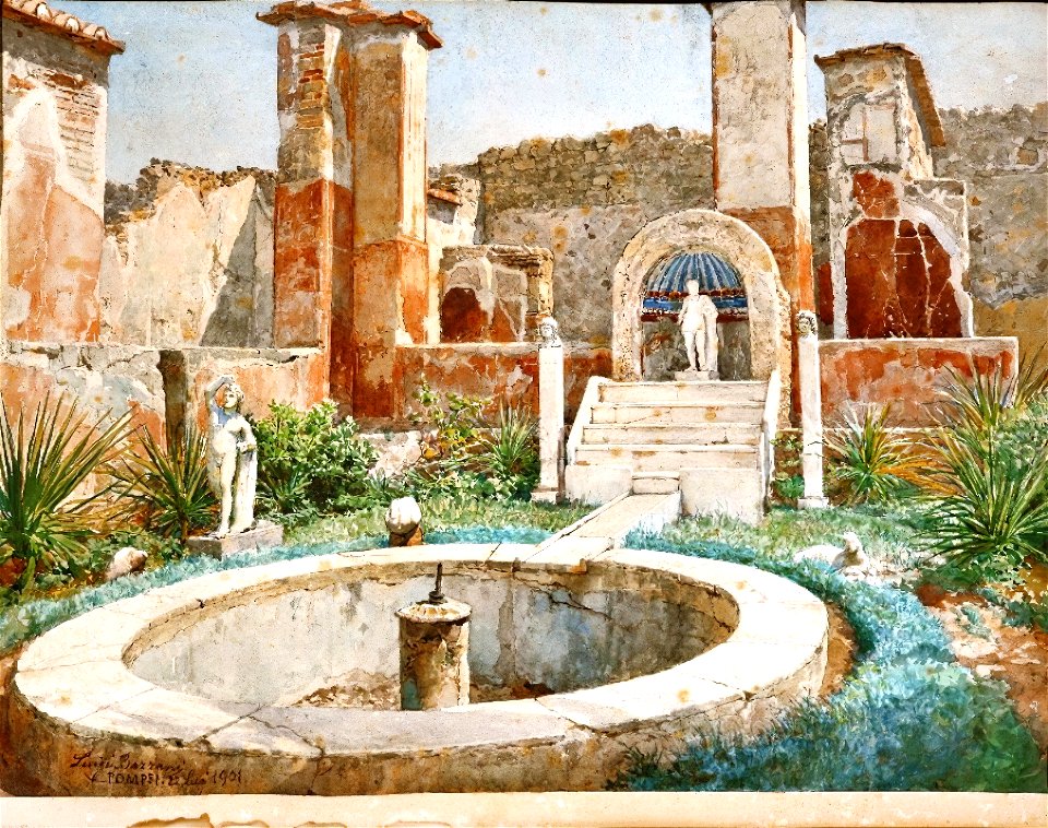 Pompeii Fountain watercolor by Luigi Bazzani (before 1927)