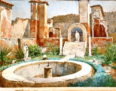 Pompeii Fountain watercolor by Luigi Bazzani (before 1927)