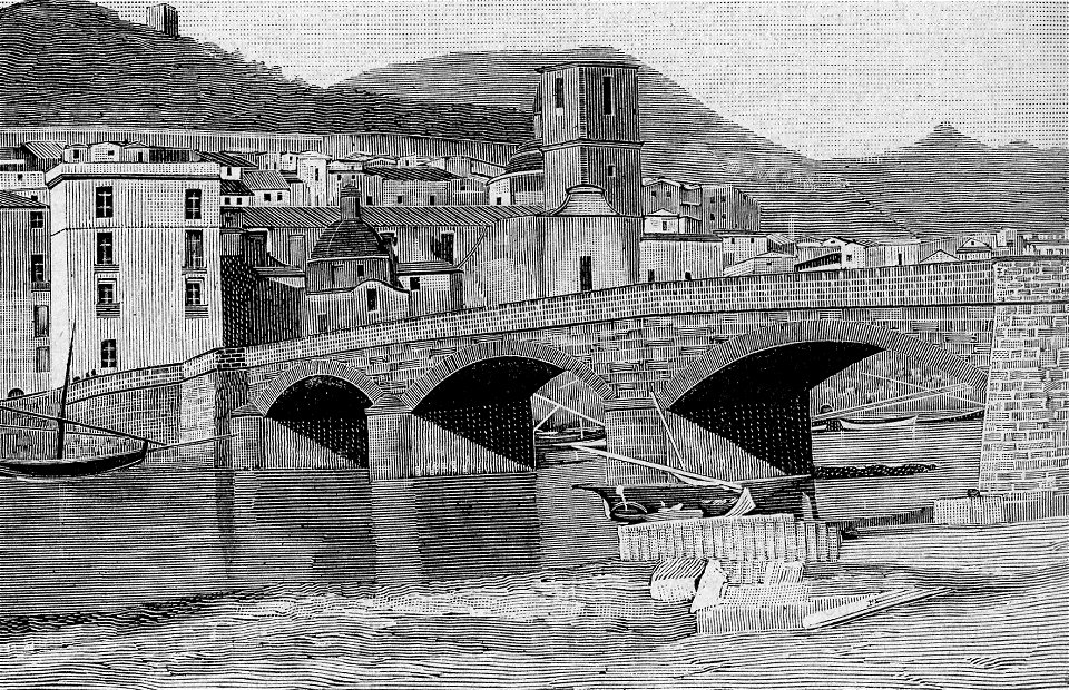 Ponte sul fiume Temo a Bosa (xilografia)