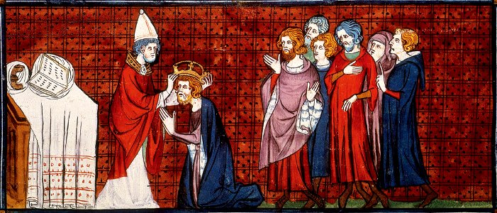 Pope Leo III crowning Charlemagne as Emperor on Christmas Day, 800;, from Chroniques de France ou de St Denis, 14th century (22690436826). Free illustration for personal and commercial use.