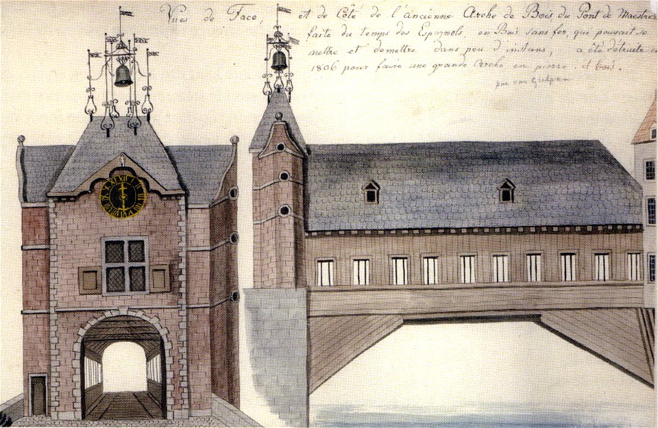 Poort en houten overspanning Maasbrug, Maastricht, situatie voor 1806 (tekening Ph v Gulpen, ca 1850)