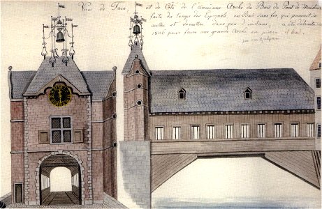 Poort en houten overspanning Maasbrug, Maastricht, situatie voor 1806 (tekening Ph v Gulpen, ca 1850)