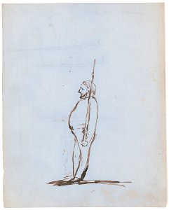 Portly man, full-length, left profile, holding a rifle, standing at attention; on verso, full-length portrait of a soldier, wearing uniform, standing, facing left, and two study sketches of LCCN2016648706