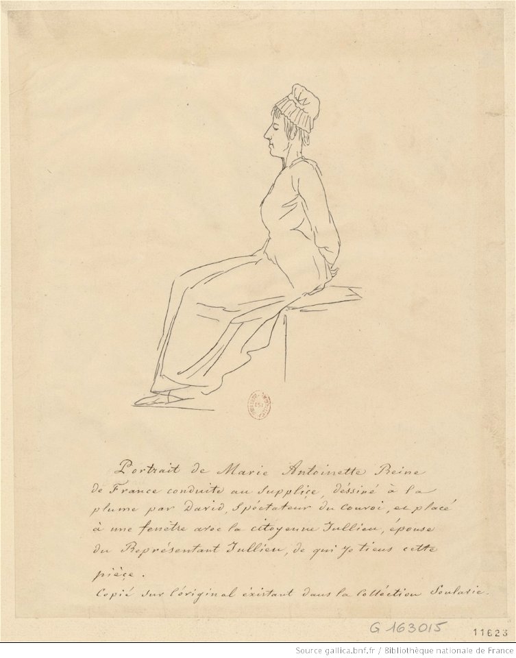 Portrait de Marie Antoinette reine de France conduite au supplice, déssiné à la plume par David, btv1b84119831