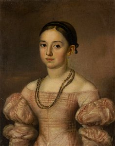 Portrait of a girl in a pink dress wearing mourning headdress and mourning jewelry