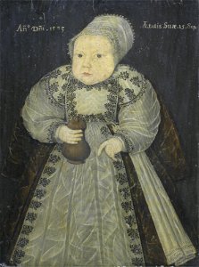 Portrait of a child with a feeding bottle dated 1593. Free illustration for personal and commercial use.