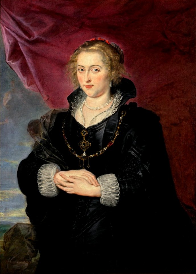 PORTRAIT OF A LADY, THREE-QUARTER LENGTH, WEARING AN ELABORATE BLACK DRESS AND CLOAK, BEFORE A RED DRAPE AND A DISTANT LANDSCAPE 