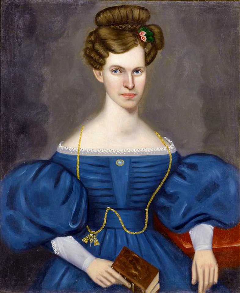 Portrait of a Young Woman in a Blue Dress and Wearing a Gold Pocket Watch Chain by Erastus Salisbury Field