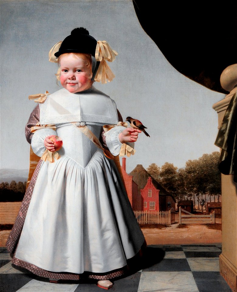 Portrait of a two-year-old boy with an apple and a finch, by Caesar van Everdingen
