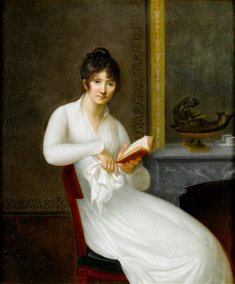 Portrait of a young lady, seated small three-quarter-length, before a fireplace - attributed to Adele Romany