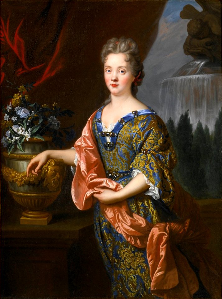 Portrait of an Elegant Woman, Three-Quarter Length, Standing before a Fountain by François de Troy. Free illustration for personal and commercial use.