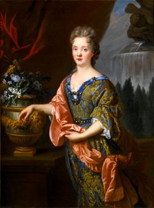 Portrait of an Elegant Woman, Three-Quarter Length, Standing before a Fountain by François de Troy. Free illustration for personal and commercial use.