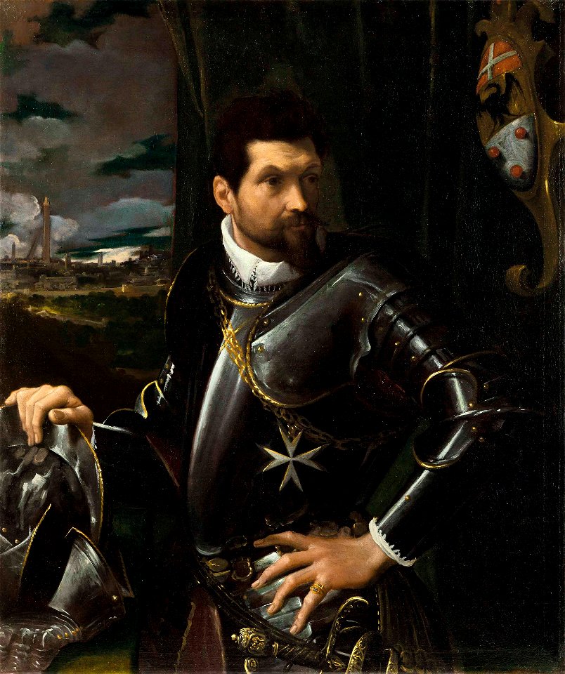 Portrait of Carlo Alberto Rati Opizzoni in armour, three-quarter-length, wearing the Order of the Knights of Malta, the city of Bologna beyond