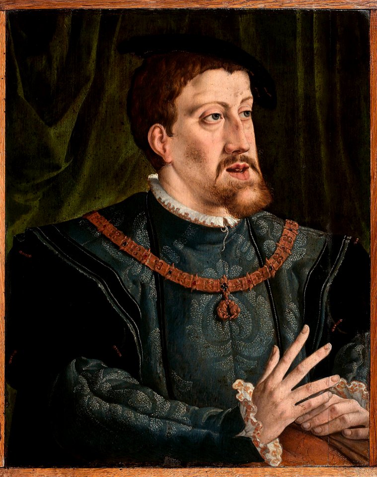 Portrait of Charles V, Holy Roman Emperor (1500–1558), attributed to Jan Cornelisz. Vermeyen - version with frame