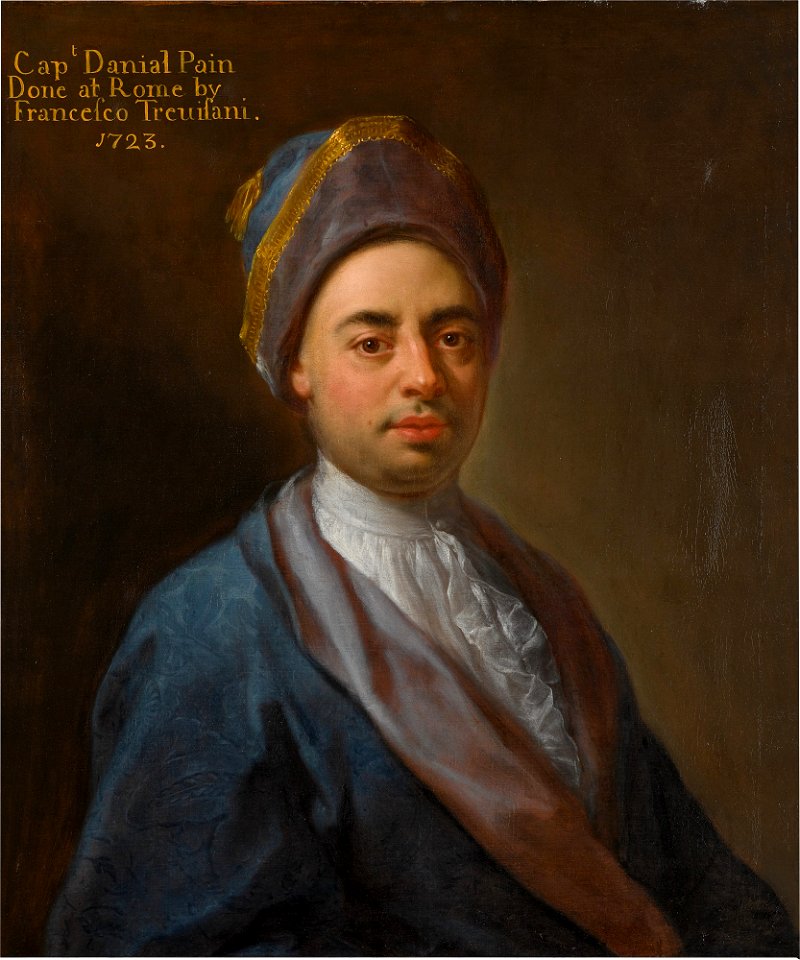 PORTRAIT OF CAPTAIN DANIEL PAIN OF WELFORD, NORTHAMPTONSHIRE, HALF-LENGTH, WEARING A BLUE COAT AND BLUE, MAUVE AND GOLD CAP 1