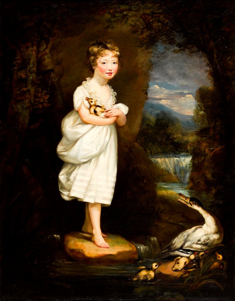PORTRAIT OF CHARLOTTE LEYCESTER, FULL-LENGTH, WEARING A WHITE DRESS AND HOLDING A DUCKLING 
