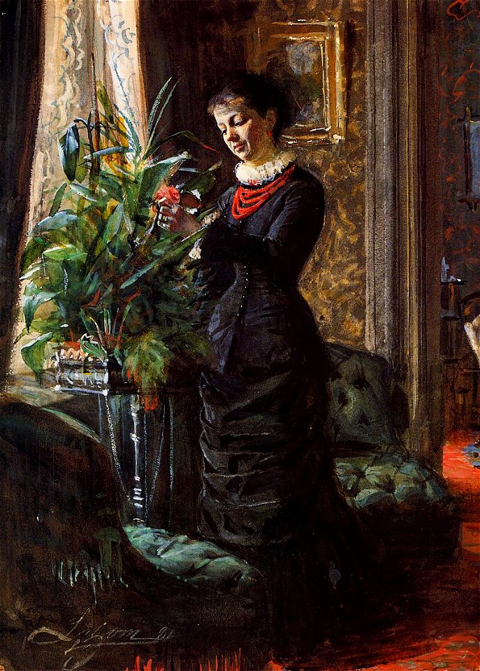 Portrait of Fru Lisen Samson, nee Hirsch, Arranging Flowers by Anders Zorn