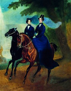 Portrait of Empress Alexandra Fyodorovna and her Daughter Maria Nikolaevna, Horse Riding in the Peterhof Park. Free illustration for personal and commercial use.