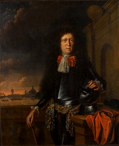 PORTRAIT OF JOAN VAN BROECKHUIZEN (1649-1707), THREE-QUARTER-LENGTH, HIS HAND RESTING ON A HELMET, A VIEW OF THE PORT OF UTRECHT, FROM THE INTERSECTION OF THE AMSTEL AND THE SINGELGRACHT, BEYOND )