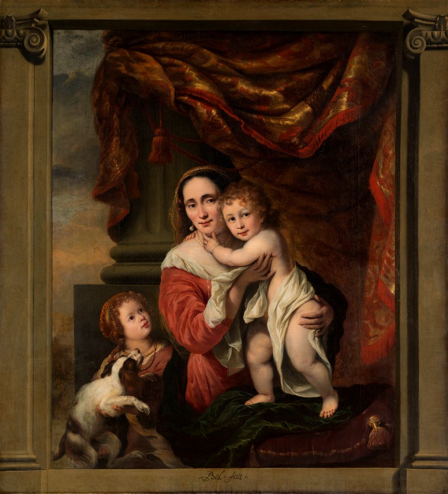 Portrait of Johanna de Geer with Her Two Children Cecilia and Laurens Trip as Caritas by Ferdinand Bol