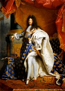 Portrait of Louis XIV of France in Coronation Robes (by Hyacinthe Rigaud) - Louvre Museum. Free illustration for personal and commercial use.