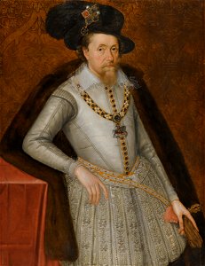 Portrait of King James I of England and VI of Scotland (1566–1625), by John de Critz the Elder. Free illustration for personal and commercial use.