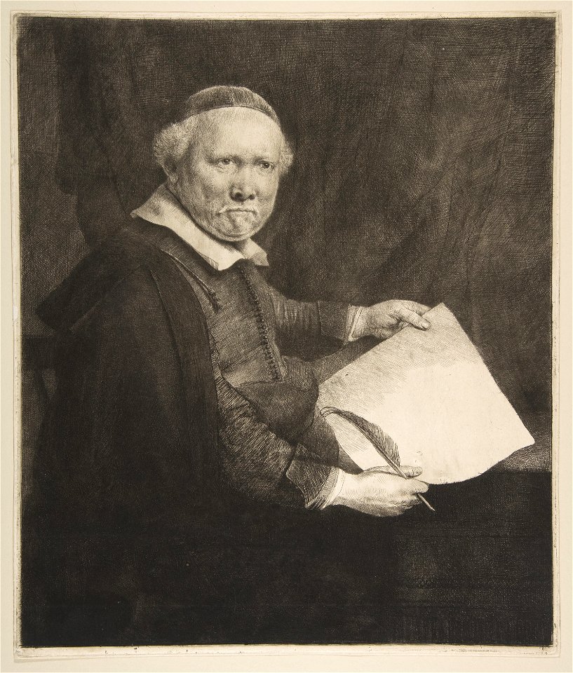 Portrait of Lieven Willemsz van Coppenol, Writing Master (the larger plate), Rembrandt van Rijn, etching, 1658, Metropolitan Museum of Art MET DP815613