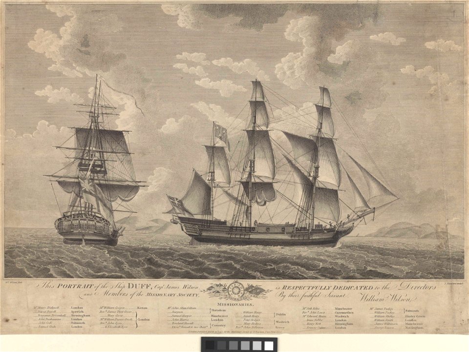 Portrait of the ship Duff, Capt James Wilson - Dedicated to - the Missionary Society (in two positions) RMG PY0515