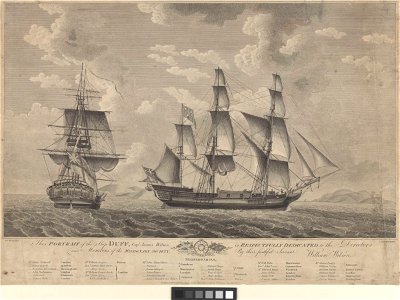 Portrait of the ship Duff, Capt James Wilson - Dedicated to - the Missionary Society (in two positions) RMG PY0515
