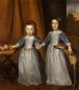 Portrait of Two Young Girls on a Terrace with Two Hounds by Cornelius Johnson