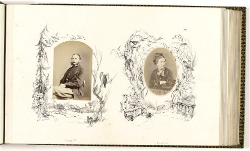 Portret van H.T. Salmon omzoomd door tekening flora met vogels