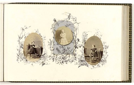 Portret Janet Carter als meisje omzoomd door tekening flora met vogels