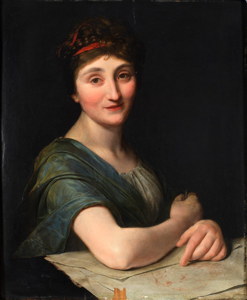 Porträtt av kvinnlig konstnär med teckning - Nationalmuseum - 177752