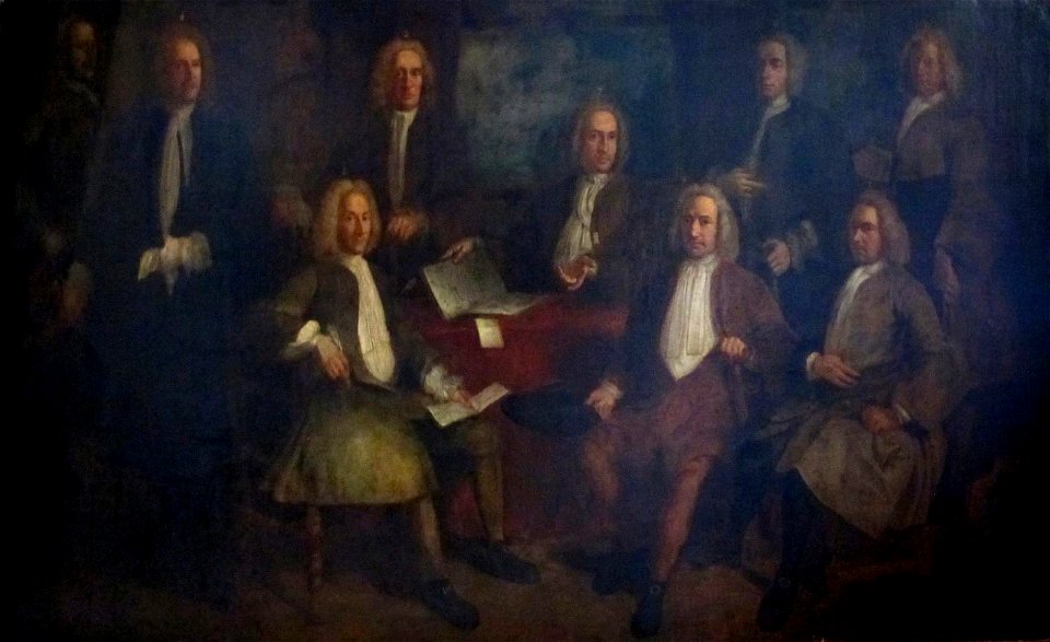Portretten van negen dekens van het kleermakersambacht met in de achtergrond de Heilige Bonifacius, patroon van het ambacht