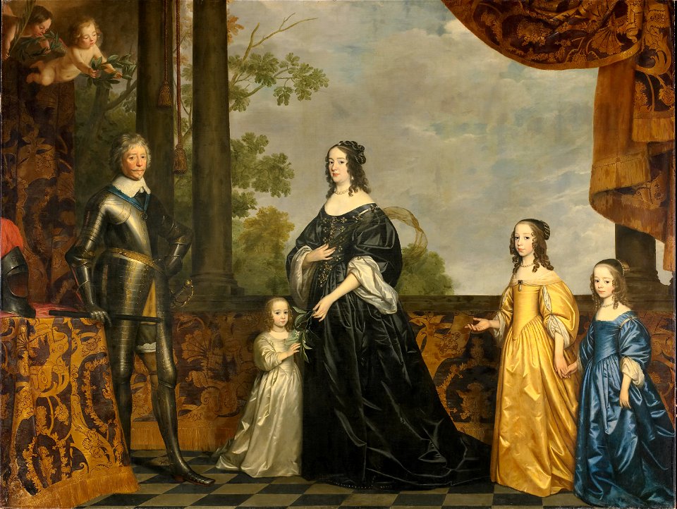 Portret van Frederik Hendrik (1584-1647), prins van Oranje met zijn vrouw Amalia van Solms (1602-75) en hun drie jongste dochters Albertina Agnes (1634-96), Henrietta Catharina (1637-1708) Rijksmuseum SK-A-874