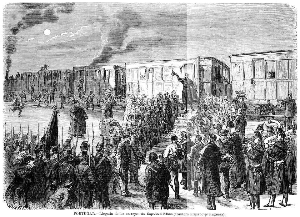 Portugal, llegada de los ex-reyes de España a Elbas (frontera hispano-portuguesa), de Urrabieta