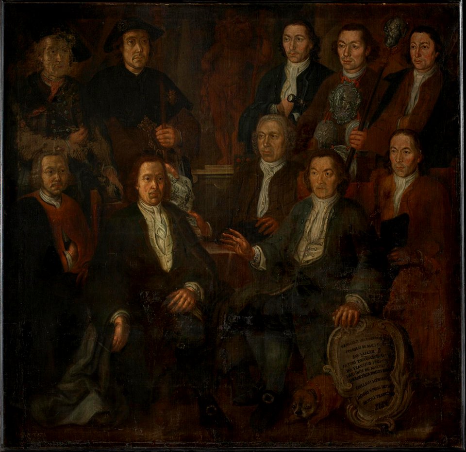 Portretten van tien leden van het kordewagenaarsambacht met in de achtergrond een beeld van de Heilige Christoffel