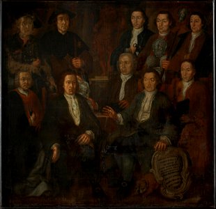 Portretten van tien leden van het kordewagenaarsambacht met in de achtergrond een beeld van de Heilige Christoffel