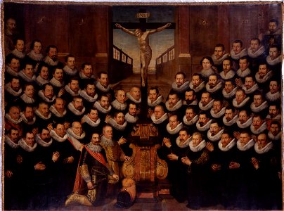 Portretten van 71 leden van het Kolveniersgilde, afgebeeld in twee groepen, geknield langs weerszijden van een kruisbeeld
